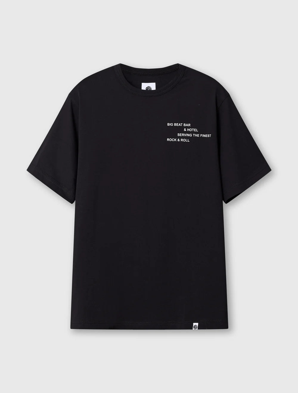 Black Pretty Green Big Beat Hotel T-Shirt featuring a casual fit and graphic design on soft cotton fabric.