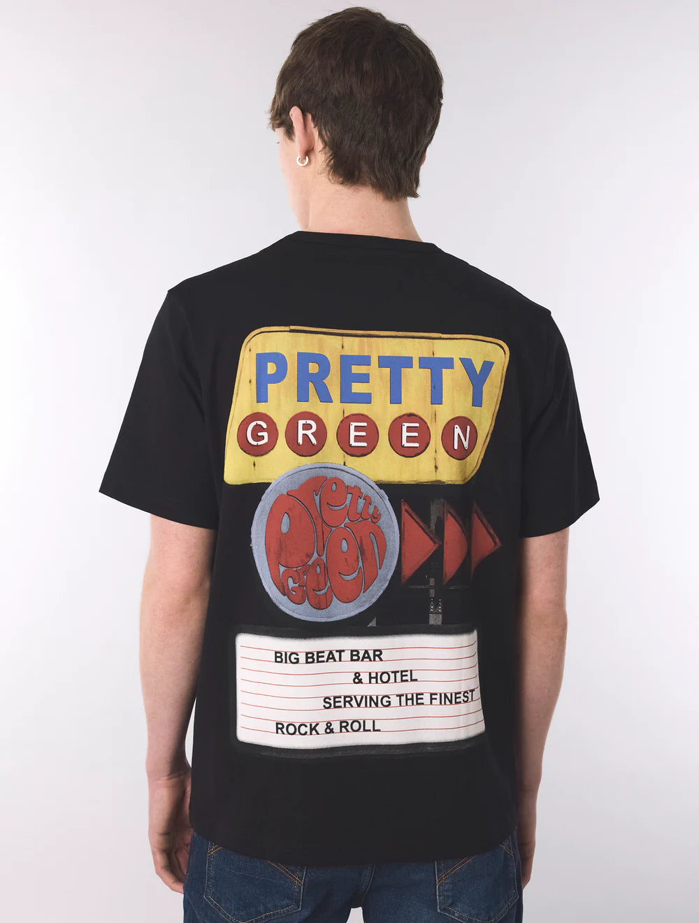 Pretty Green Big Beat Hotel black T-shirt featuring a graphic design, soft cotton fabric, and classic fit.