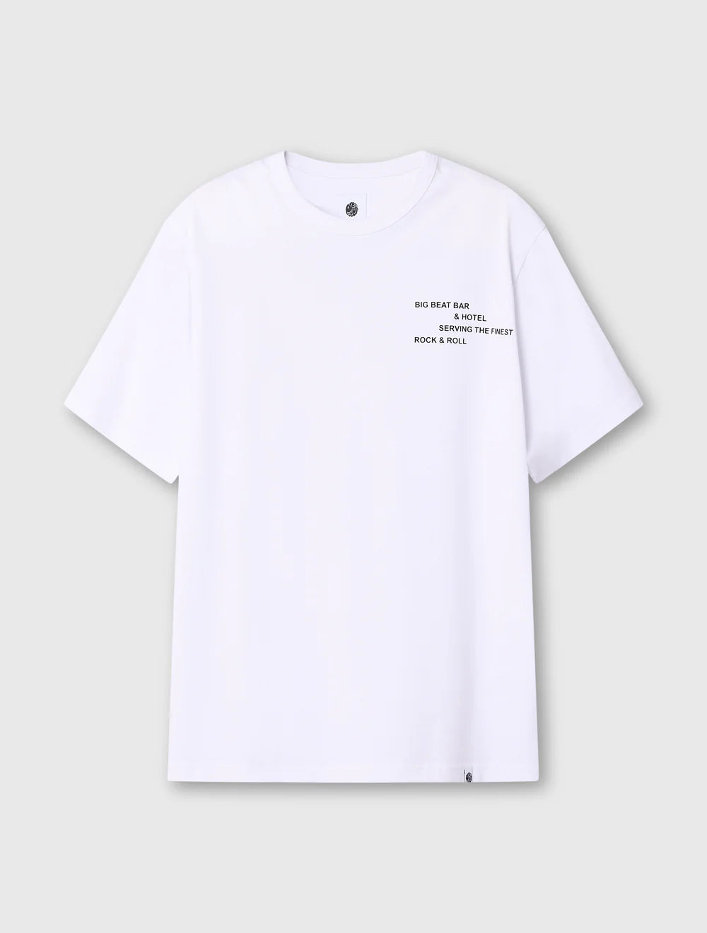 White Pretty Green Big Beat Hotel T-Shirt with graphic design, casual fit, and classic crew neckline.