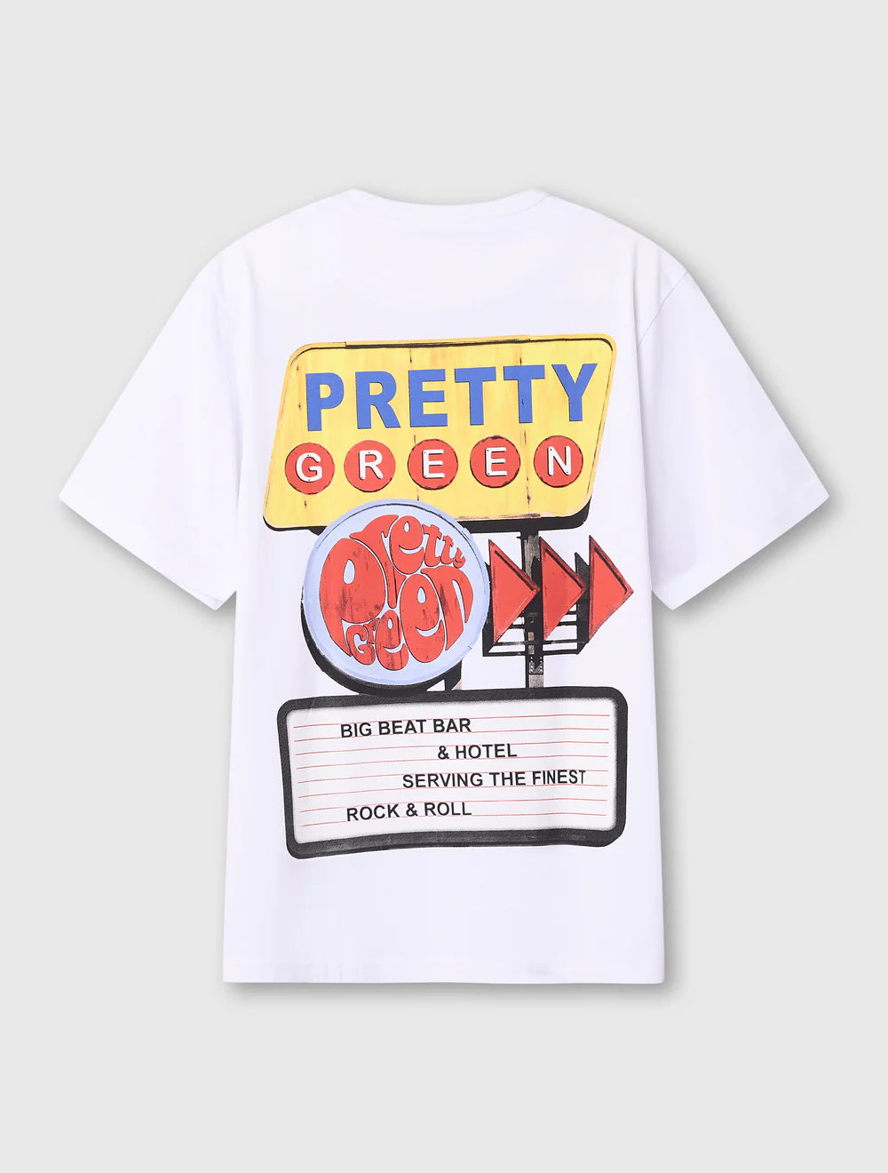 White Pretty Green Big Beat Hotel T-Shirt with graphic print, casual fit, and crew neckline.