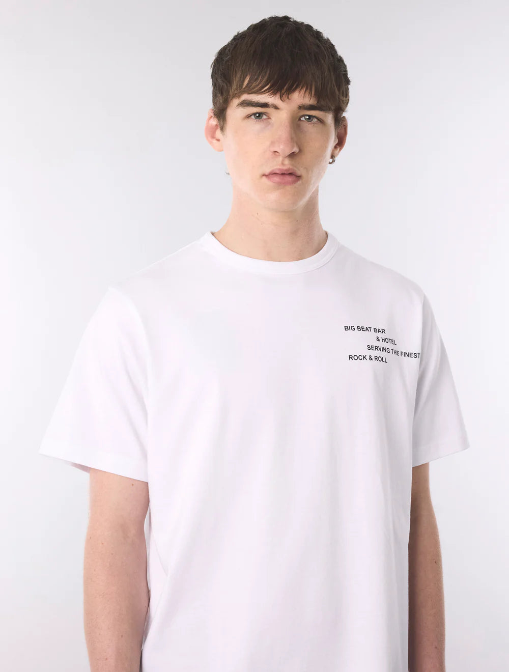 White Pretty Green Big Beat Hotel T-Shirt with graphic print, casual fit, and soft cotton fabric.