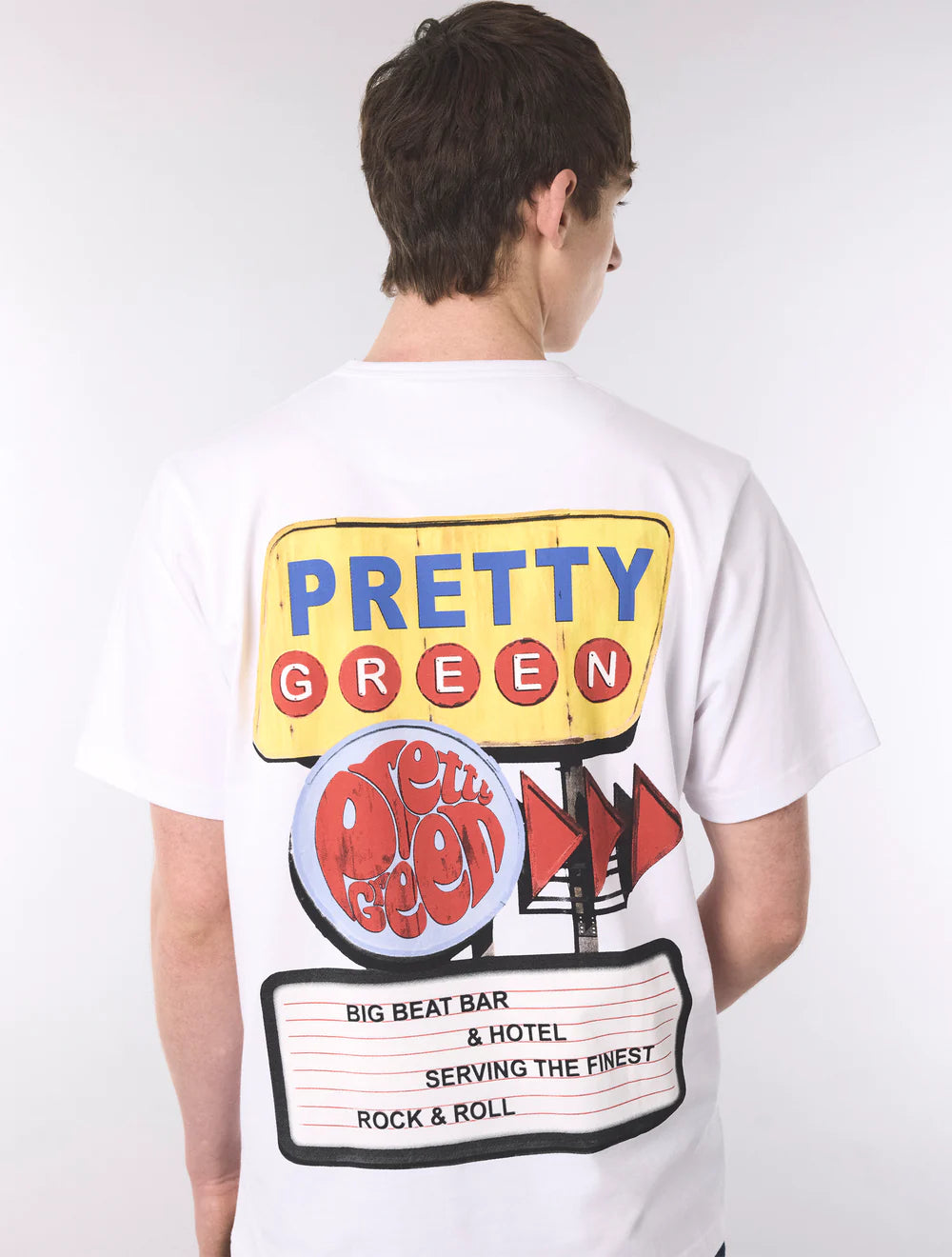 White Pretty Green Big Beat Hotel T-Shirt with graphic design, casual fit, and soft cotton fabric.