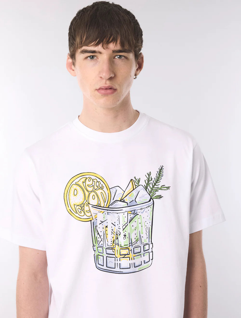 White Pretty Green gin and tonic T-shirt with graphic print, casual short-sleeve design, and comfortable fit.