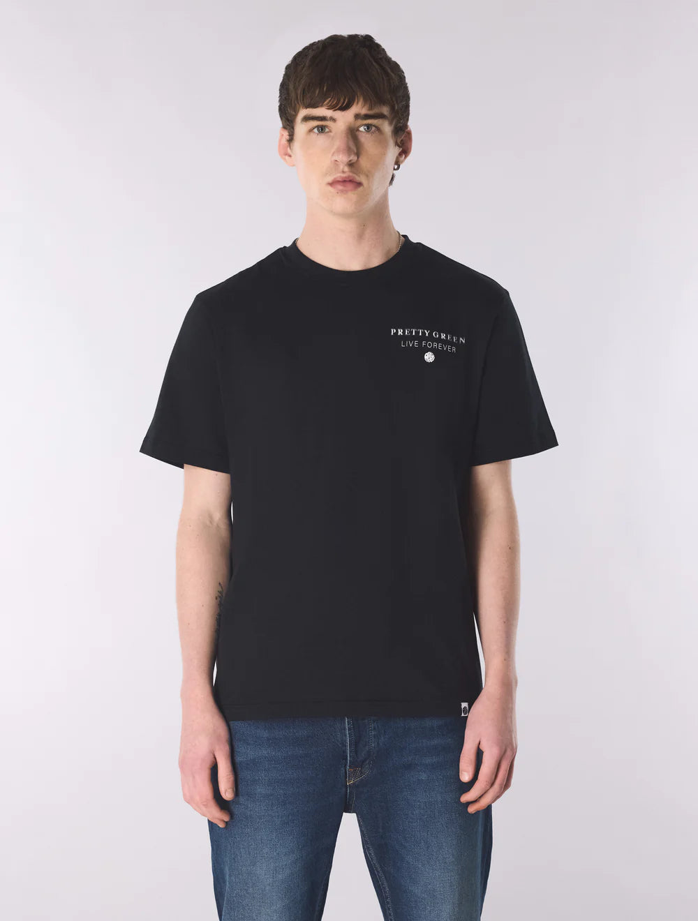 Pretty Green black refractive T-shirt displayed flat, showcasing its sleek design and fabric texture.