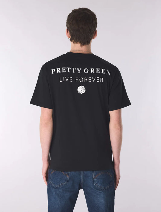 Pretty Green black refractive T-shirt displayed flat, showing the front design and soft fabric texture.