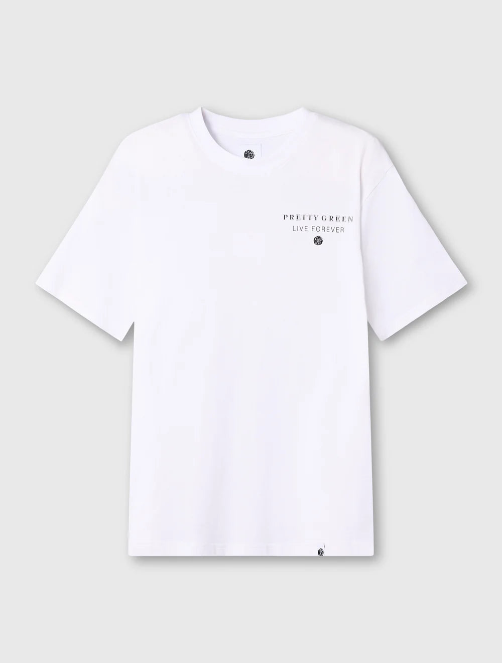 White Pretty Green Refractive T-Shirt with a sleek fit, featuring the brand's logo on the front, displayed on a plain background.