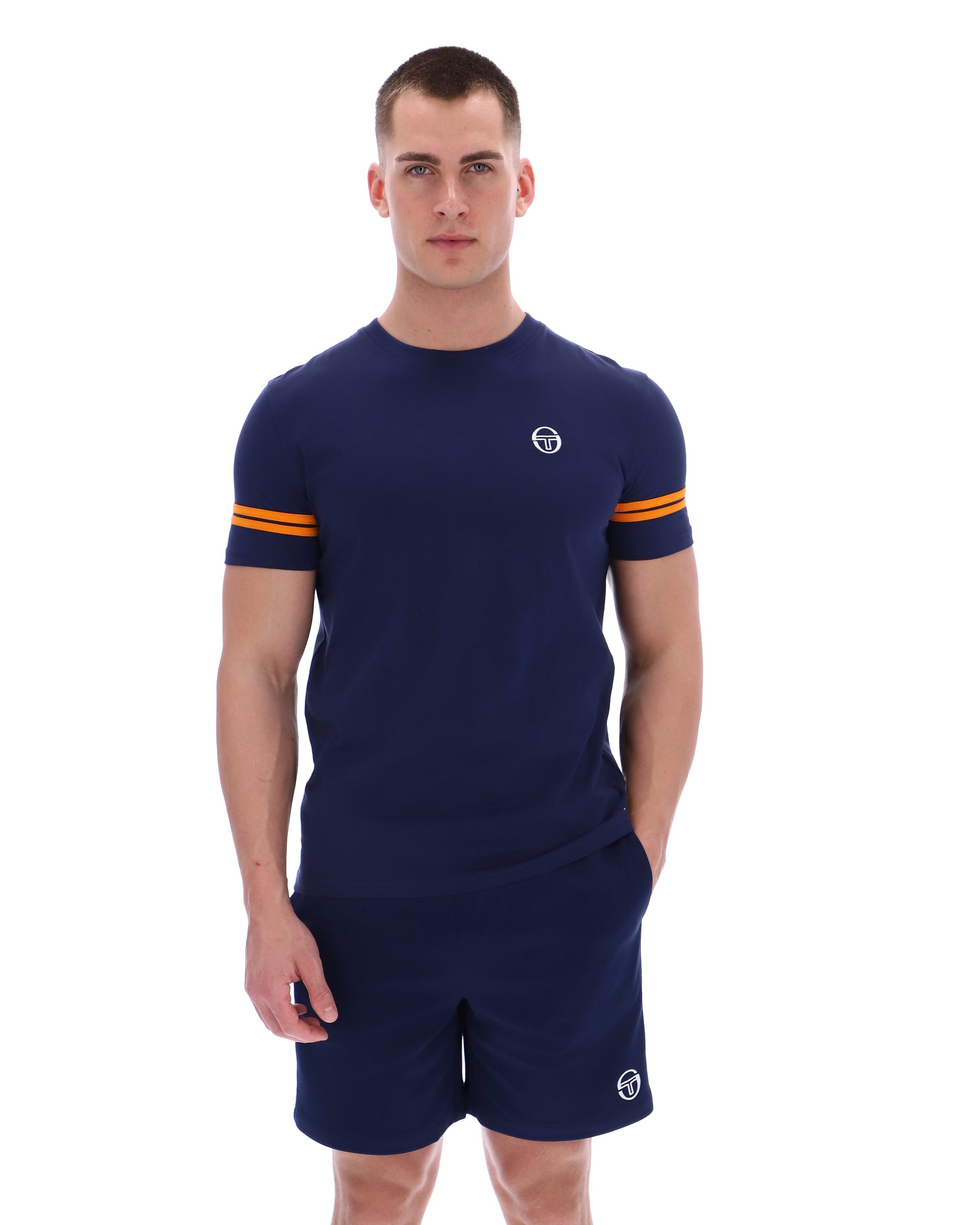Sergio Tacchini Grello crew neck T-shirt in maritime blue with orange pepper accents, casual fit, front view.