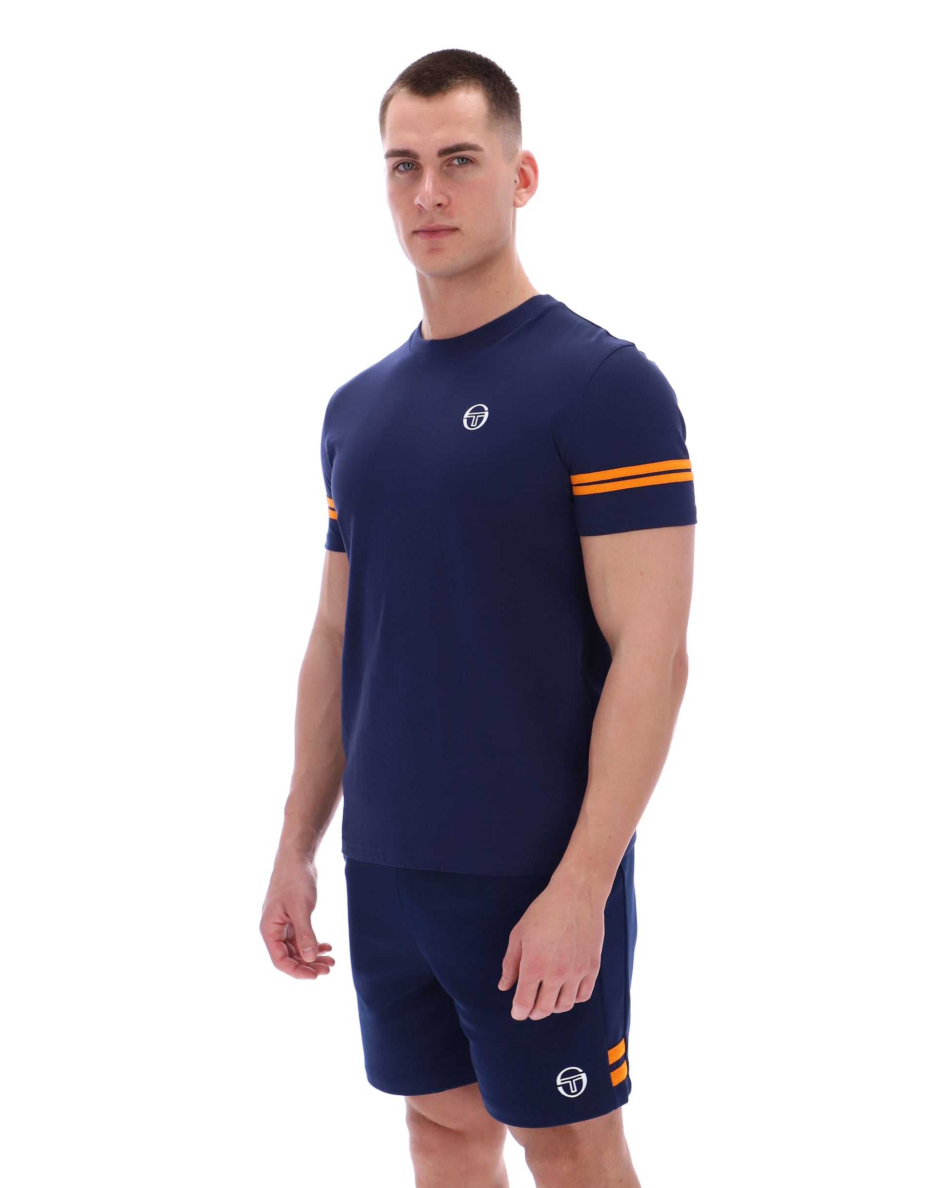 Maritime blue and orange Sergio Tacchini Grello crew neck T-shirt with bold color-block design and branding details.
