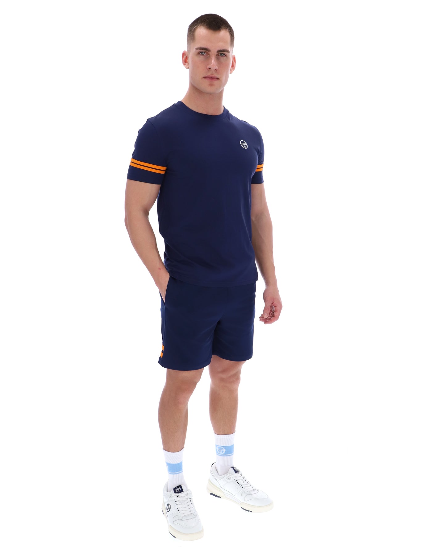 Sergio Tacchini Grello crew neck T-shirt in maritime blue with orange pepper accents, featuring a casual fit and brand logo.