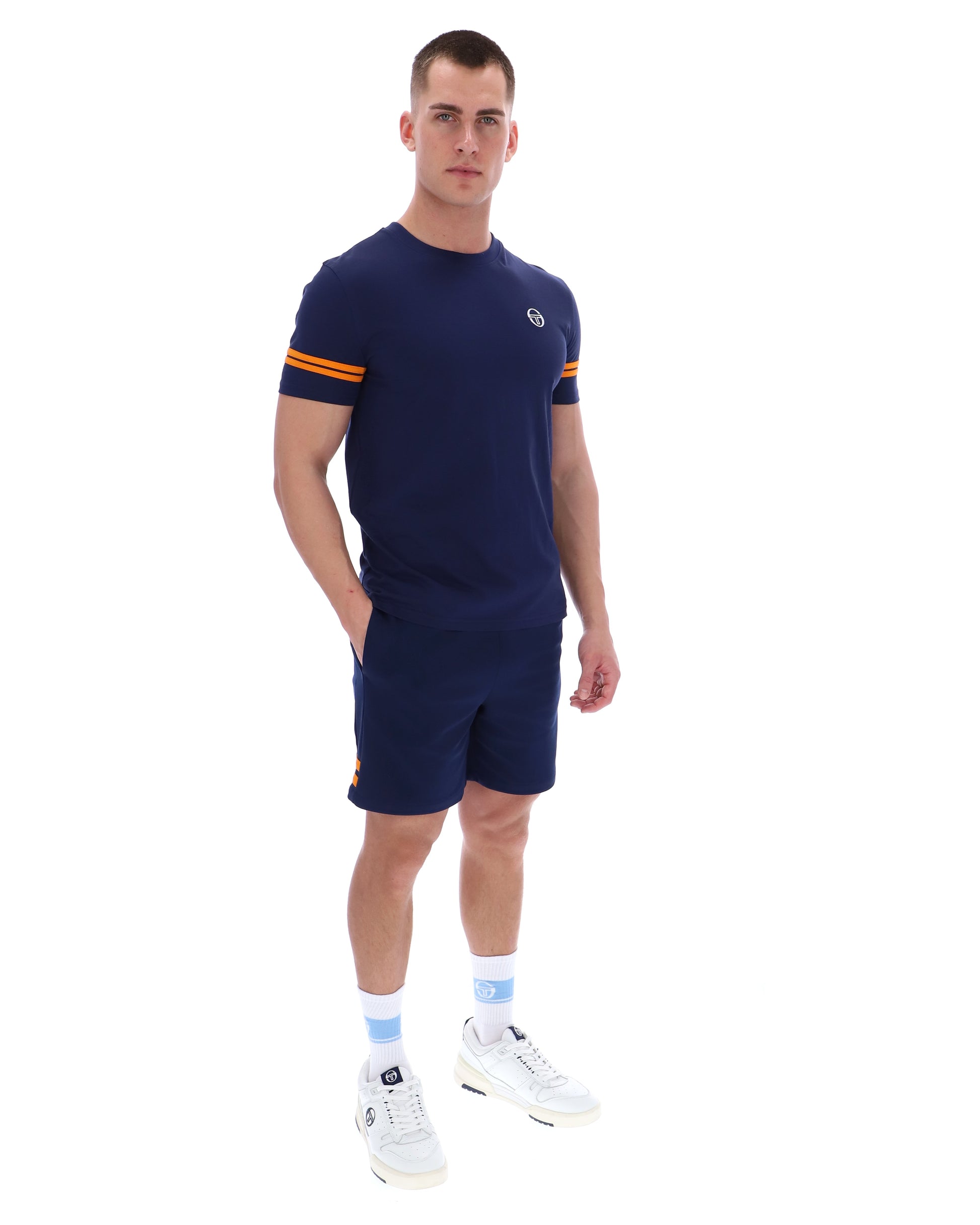 Sergio Tacchini Grello crew neck T-shirt in maritime blue with orange pepper accents, featuring a casual fit and brand logo.