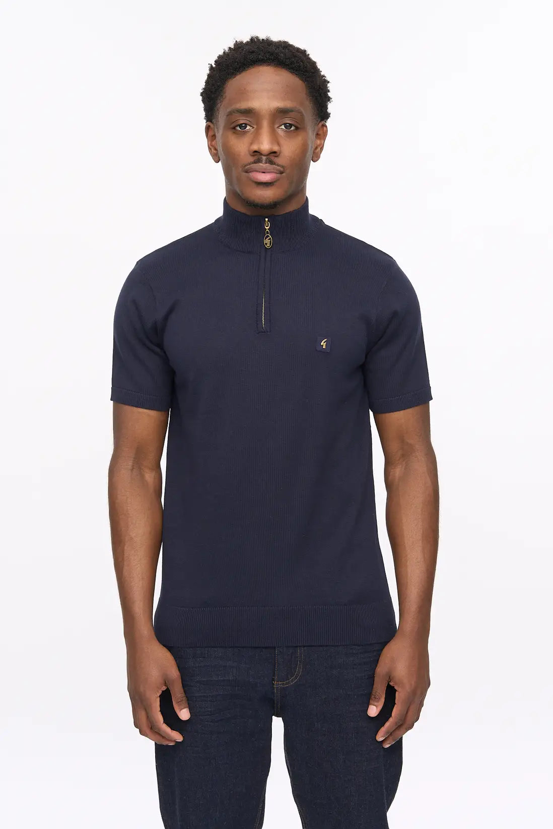 Gabicci Vintage navy lasso knitted quarter zip sweater, stylish knitwear with a textured design and ribbed collar.