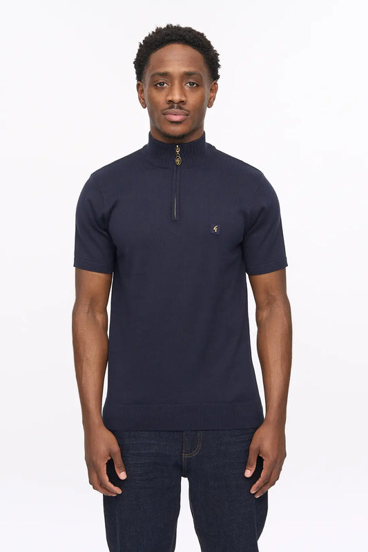 Gabicci Vintage navy lasso knitted quarter zip sweater, stylish knitwear with a textured design and ribbed collar.
