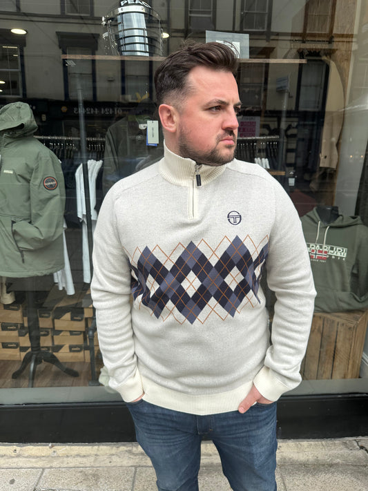 Sergio Tacchini Sangro Argyle Quarter Zip Jumper Gardenia