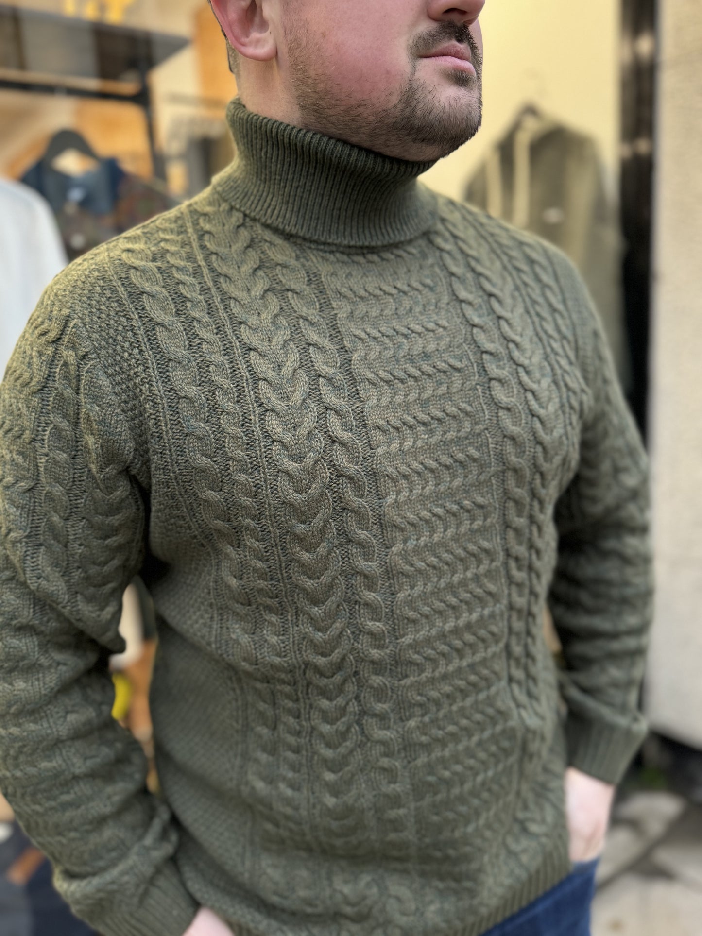 Only & Sons Cable Knit Roll Neck Olive