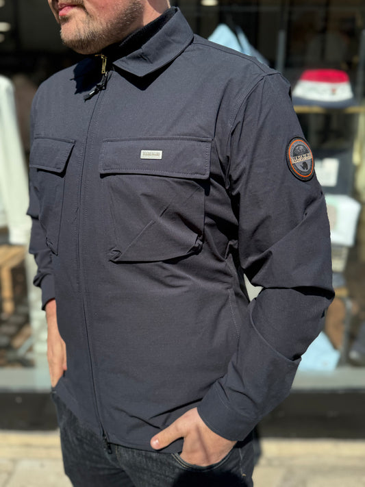 Black Napapijri O-Ridge overshirt jacket with a sleek design and button-up front, displayed on a hanger.