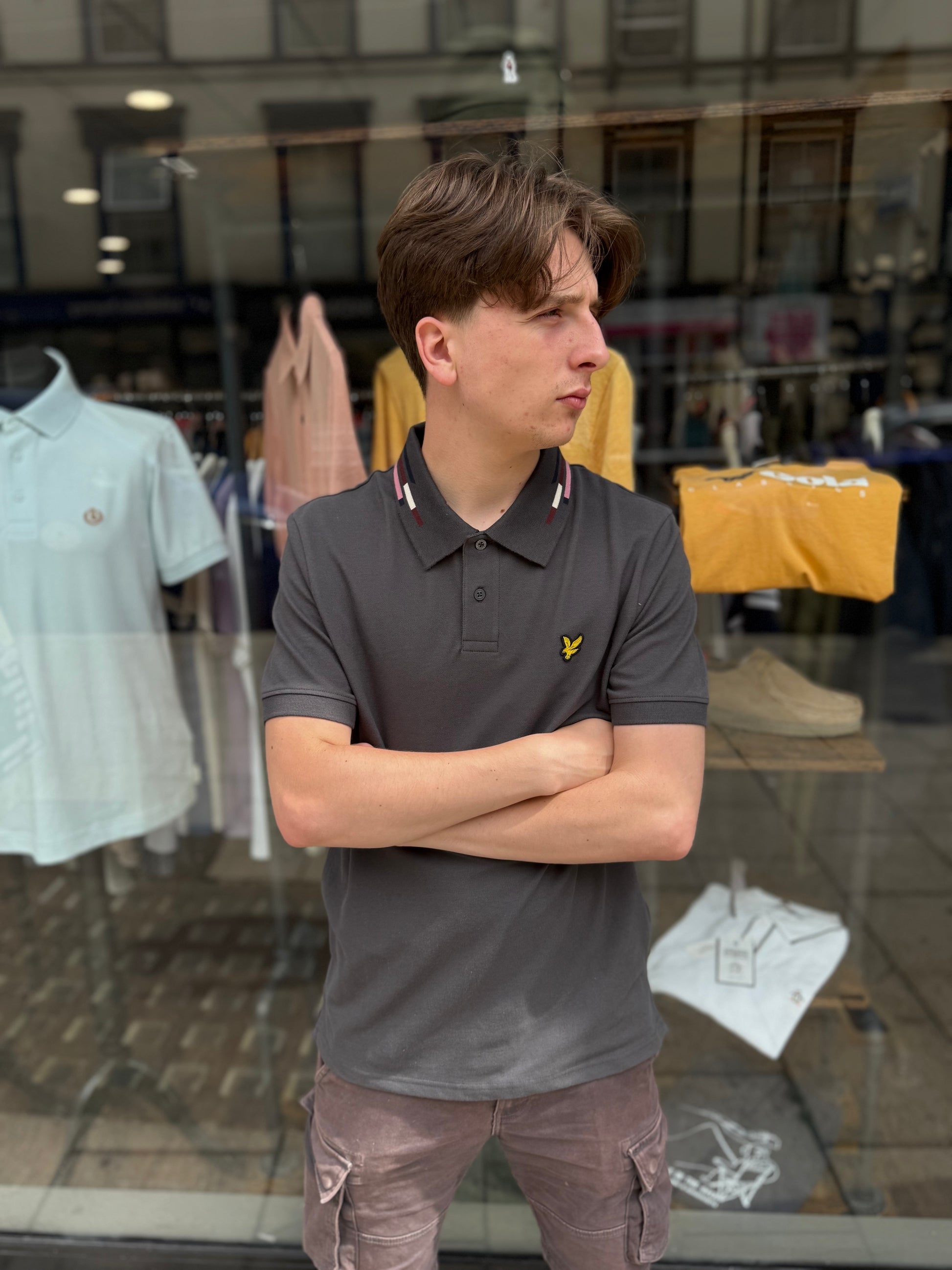 Lyle Scott Striped Tipped Polo Shirt Gunmetal/Foam Men's Polo Top