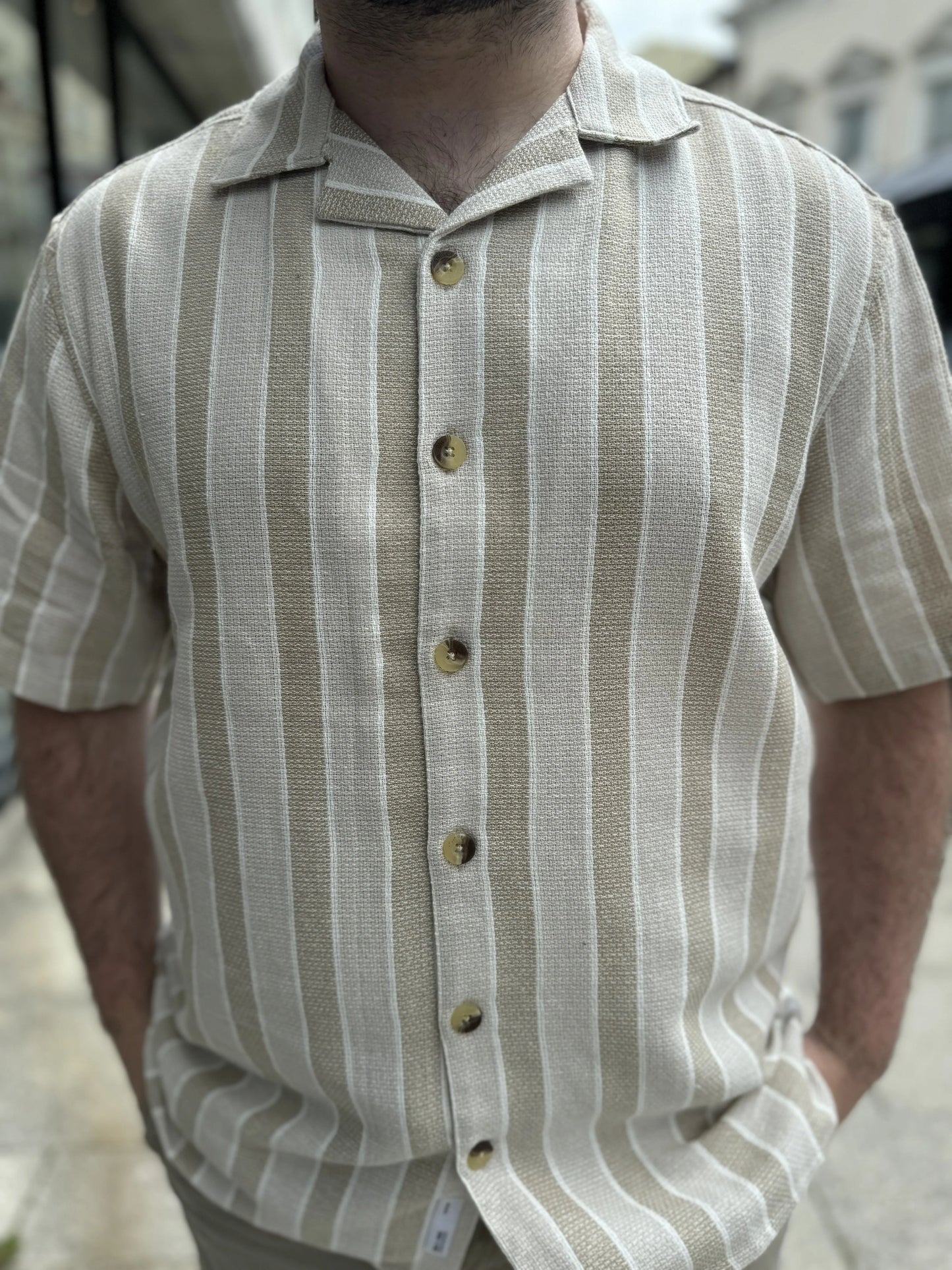 Only & Sons Struc 3 Stripe Shirt in Vintage Khaki