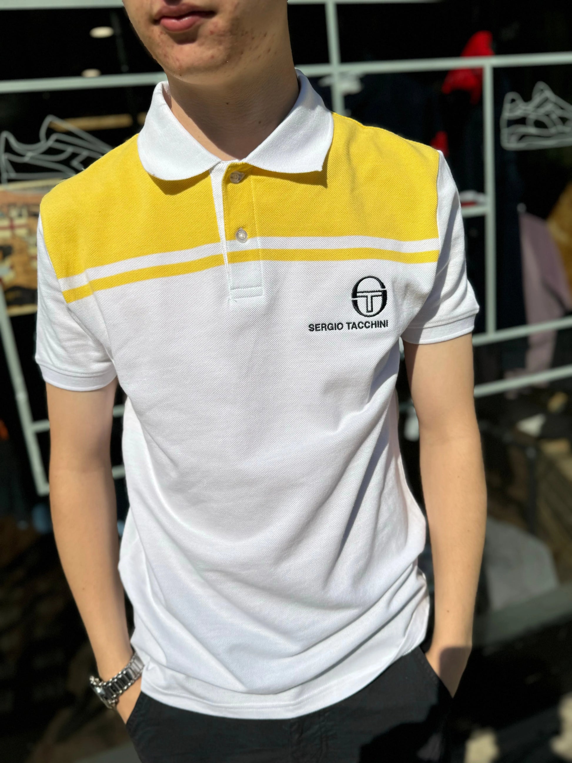 Sergio Tacchini New Young Line Polo In White/ Lemon Drop