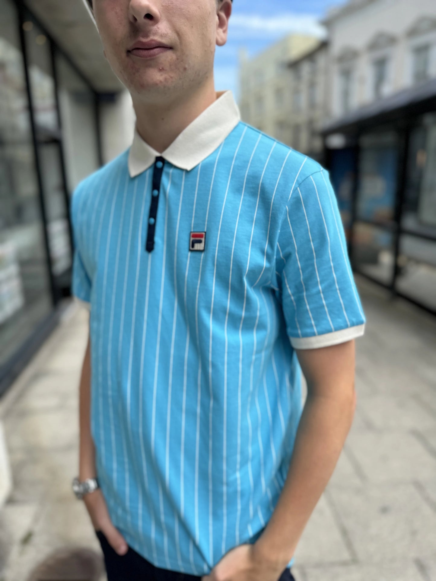 Fila BB1 Striped Polo In Cyan Blue/Gardenia/Navy