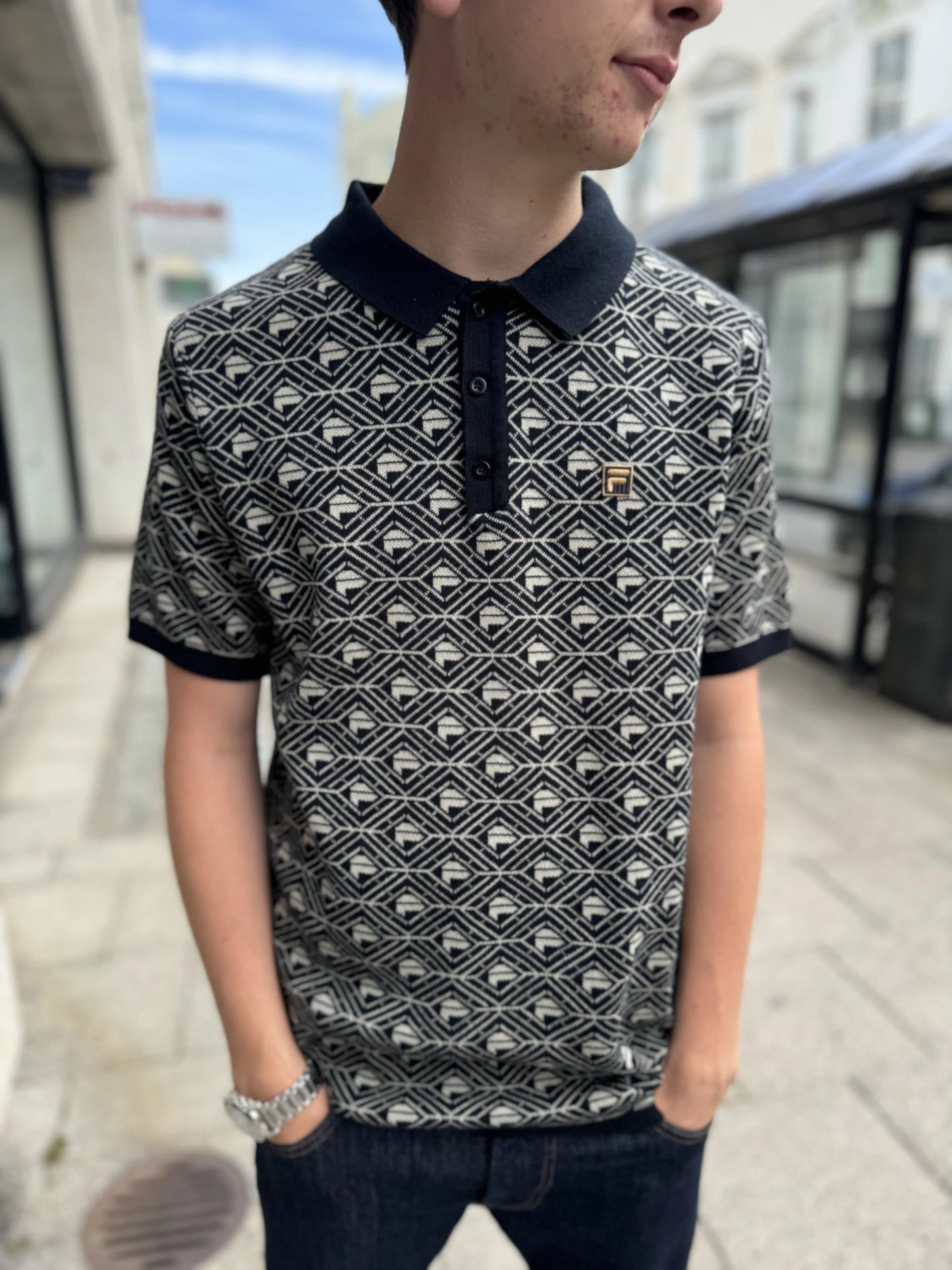 Fila Zano Geo Pattern Polo In Black/Abby Stone