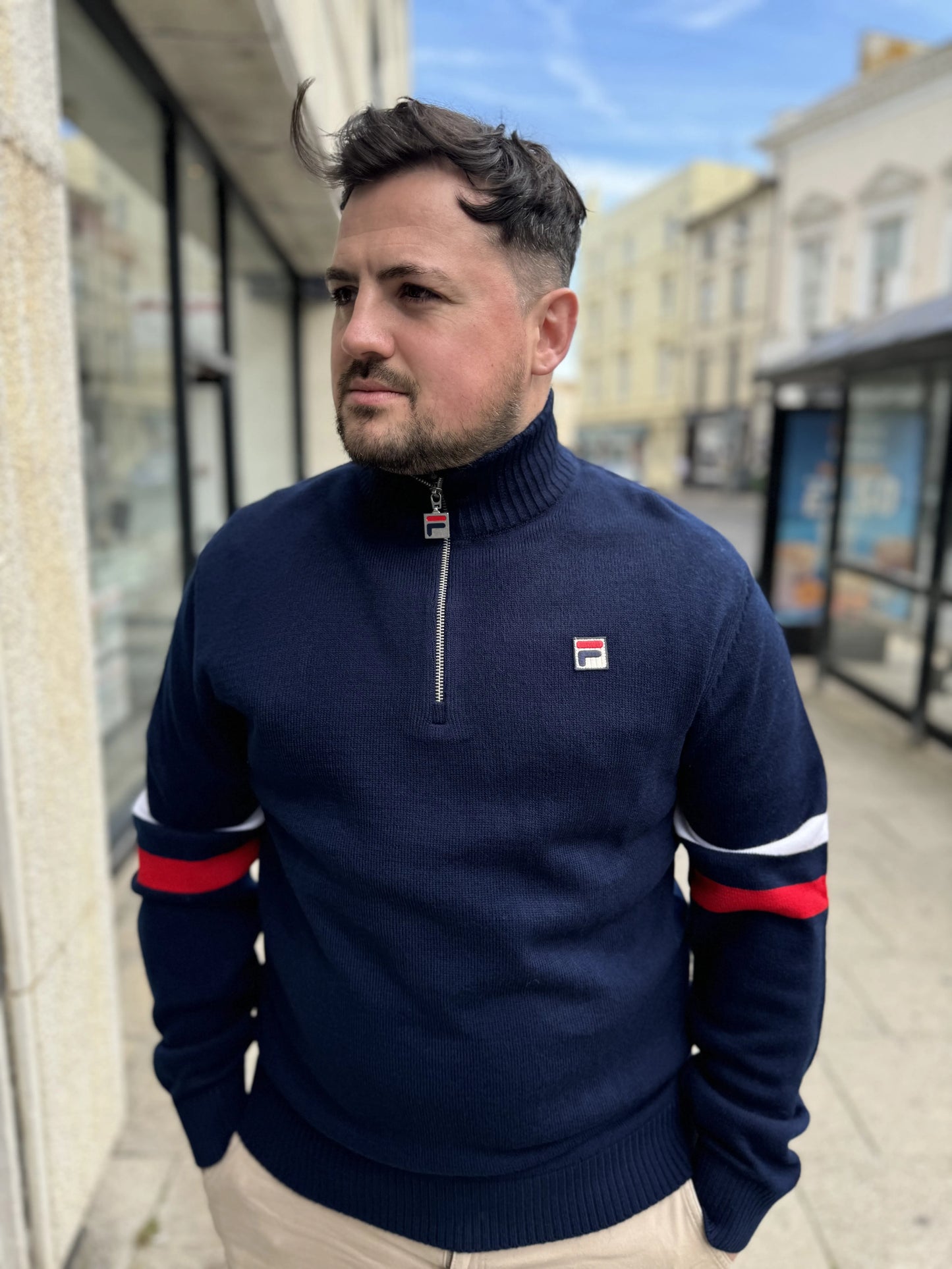 Fila Harrison 1/4 Zip Cotton Sweat In Navy/Red