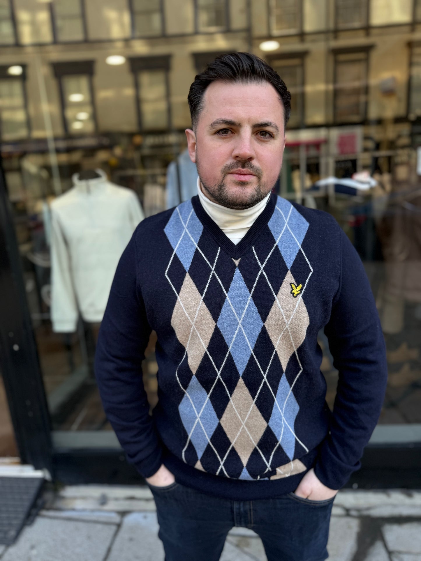 Lyle & Scott Lambswool Blend Argyle V Neck Jumper Dark Navy/Corn Flower Blue Marl