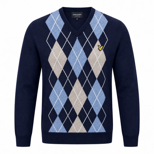 Lyle & Scott Lambswool Blend Argyle V Neck Jumper Dark Navy/Corn Flower Blue Marl - RD1 Clothing