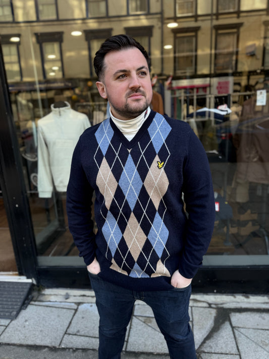 Lyle & Scott Lambswool Blend Argyle V Neck Jumper Dark Navy/Corn Flower Blue Marl