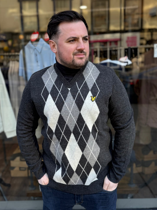 Lyle & Scott Lambswool Blend Argyle V Neck Jumper Charcoal Marl/Mid Grey Marl