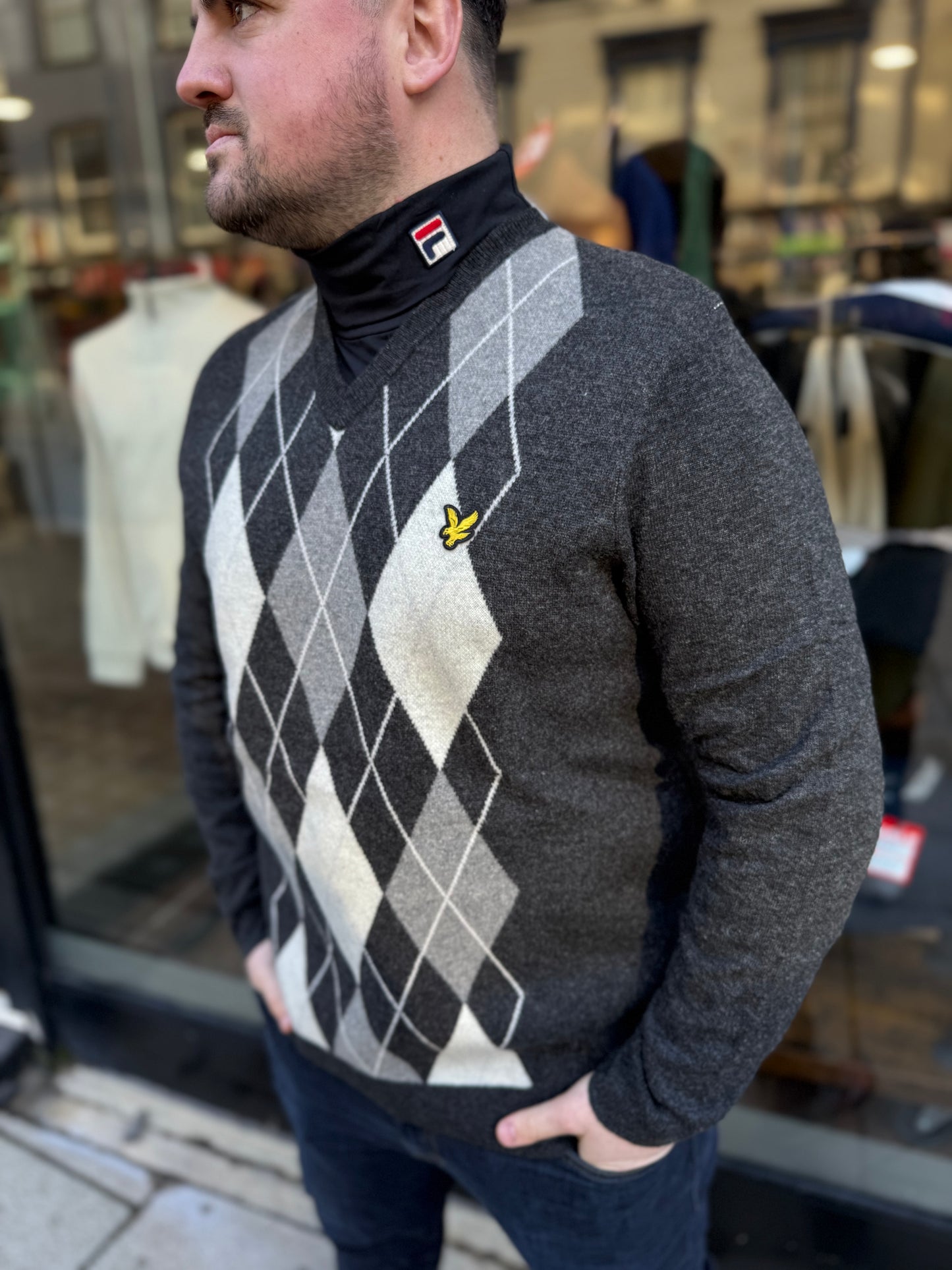 Lyle & Scott Lambswool Blend Argyle V Neck Jumper Charcoal Marl/Mid Grey Marl