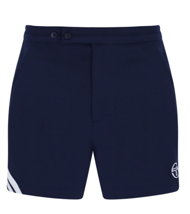 Navy and white Sergio Tacchini Time tennis shorts with breathable fabric and athletic fit, suitable for sports and casual wear.