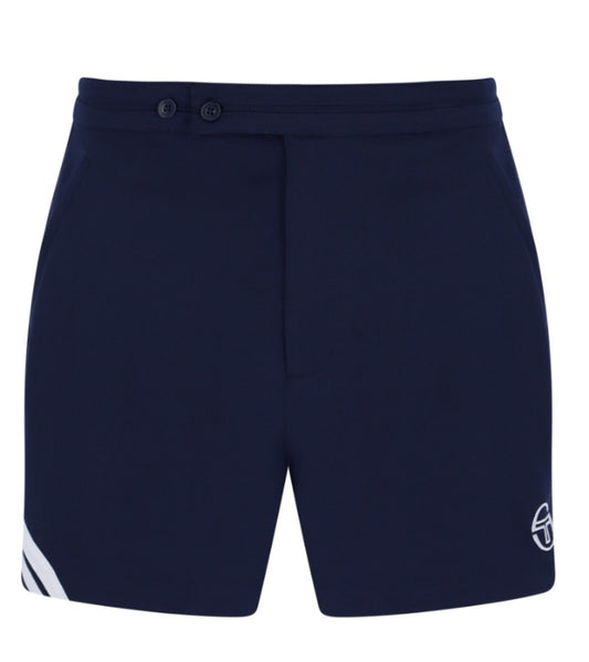 Navy and white Sergio Tacchini Time tennis shorts with breathable fabric and athletic fit, suitable for sports and casual wear.