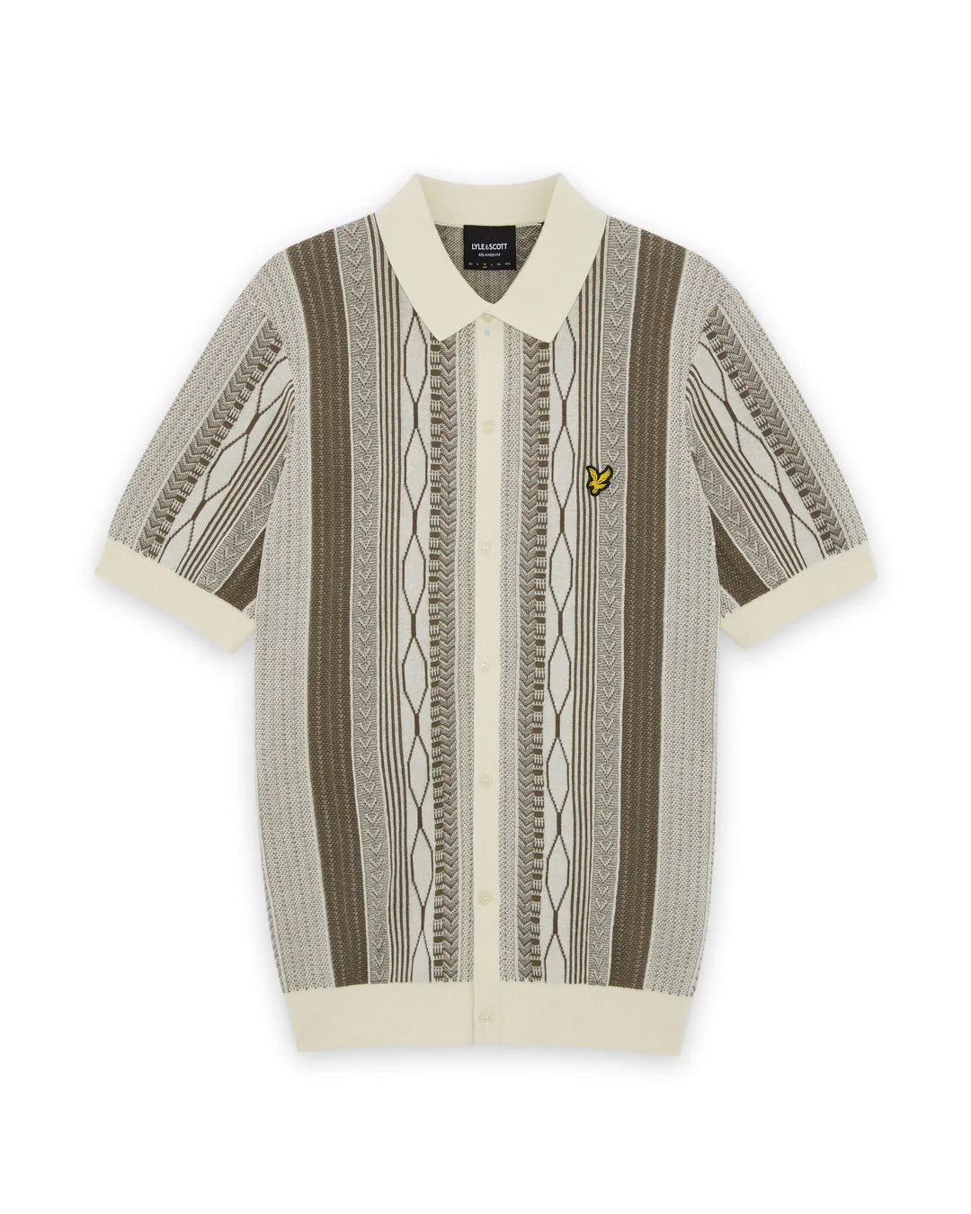 Lyle & Scott Brocade Jacquard Short Sleeve Knitted Shirt Ice Cream/Khaki Ash - RD1 Clothing
