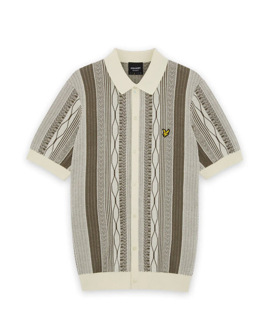 Lyle & Scott Brocade Jacquard Short Sleeve Knitted Shirt Ice Cream/Khaki Ash - RD1 Clothing