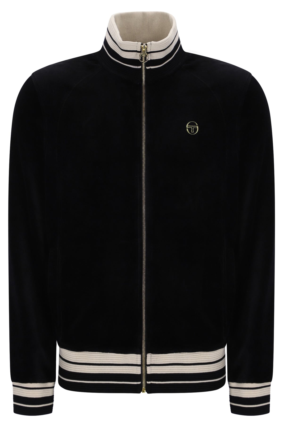 Black Sergio Tacchini Lazzari Track Top with front zipper, ribbed cuffs, and logo detail, displayed on a hanger against a white background.