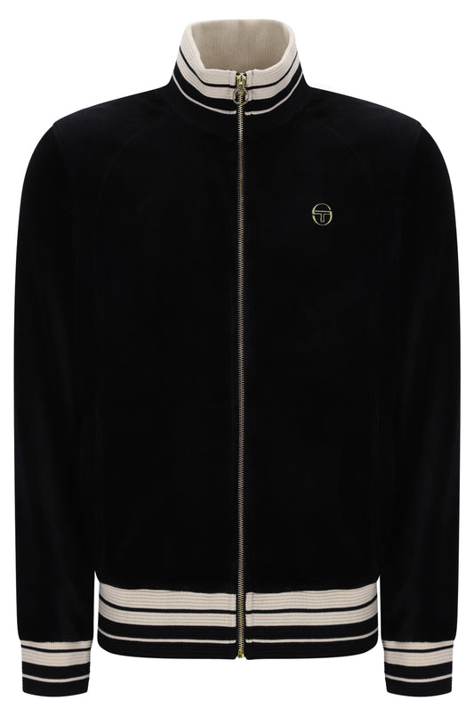 Black Sergio Tacchini Lazzari Track Top with front zipper, ribbed cuffs, and logo detail, displayed on a hanger against a white background.