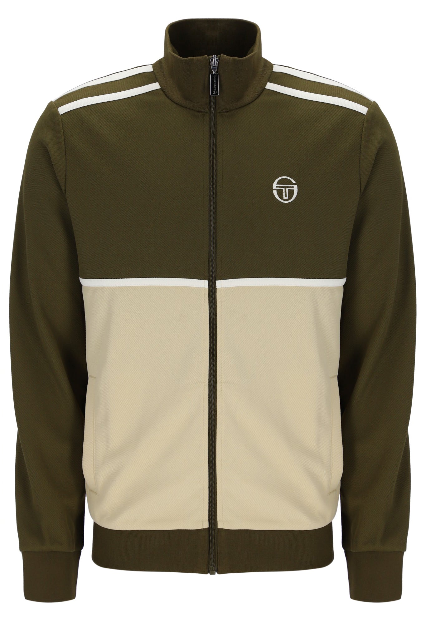 Sergio Tacchini Locchi track top in dark olive, mojave desert, and gardenia colors, featuring sporty design and logo details.