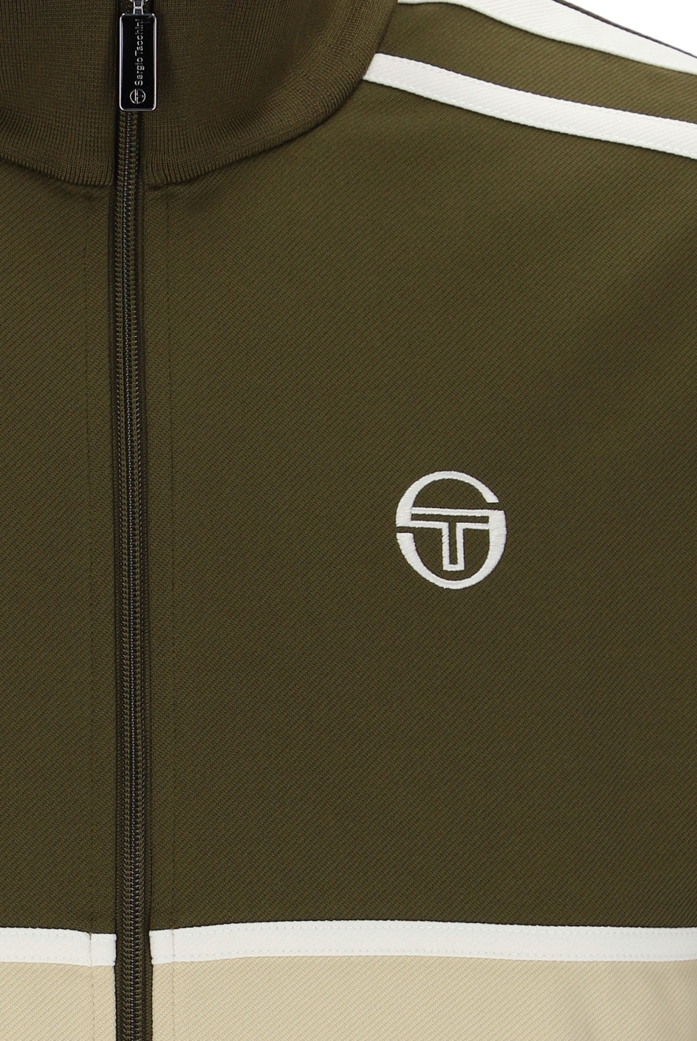 Sergio Tacchini Locchi track top in dark olive, mojave desert, and gardenia colors, featuring sporty design and logo details.