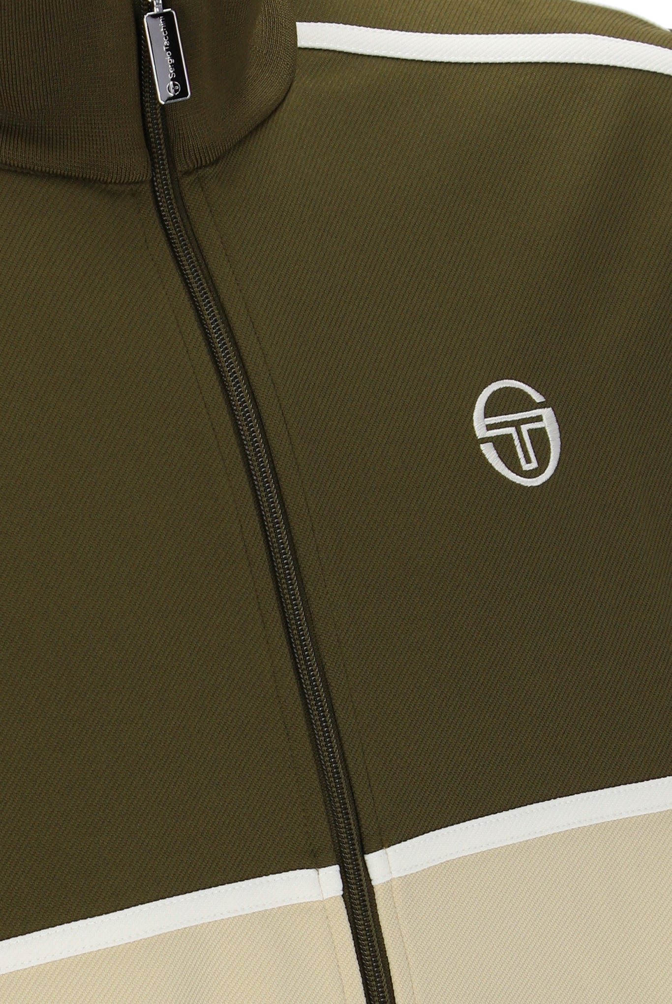 Sergio Tacchini Locchi track top in dark olive, mojave desert, and gardenia with a sporty design and zip front.