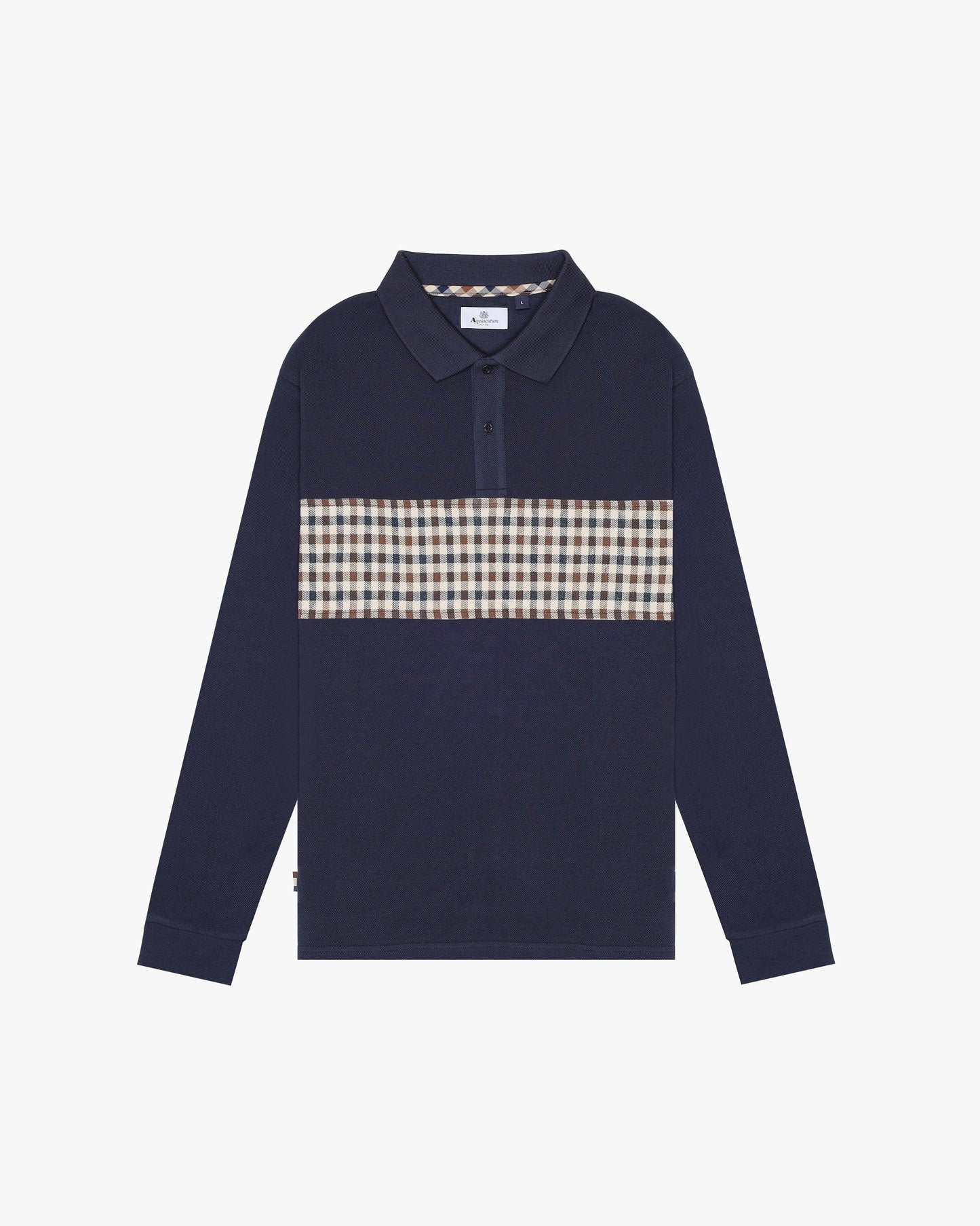 Aquascutum Active Club Check Stripe Long Sleeve Polo Navy