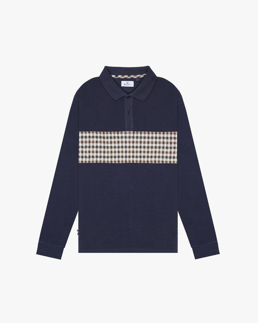 Aquascutum Active Club Check Stripe Long Sleeve Polo Navy