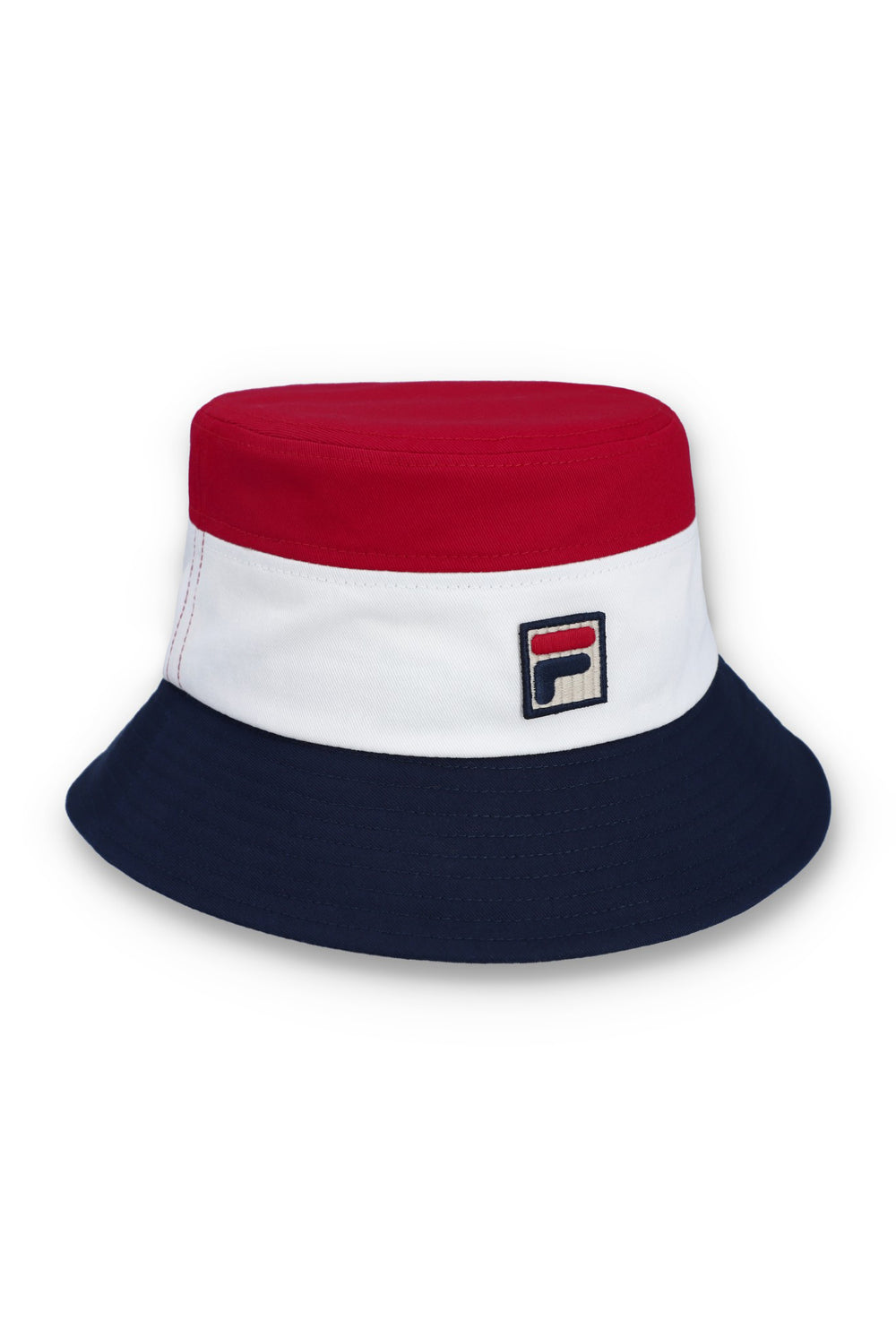 Fila Vintage Marco tri-color bucket hat in red, white, and navy with a casual, stylish design and Fila branding.