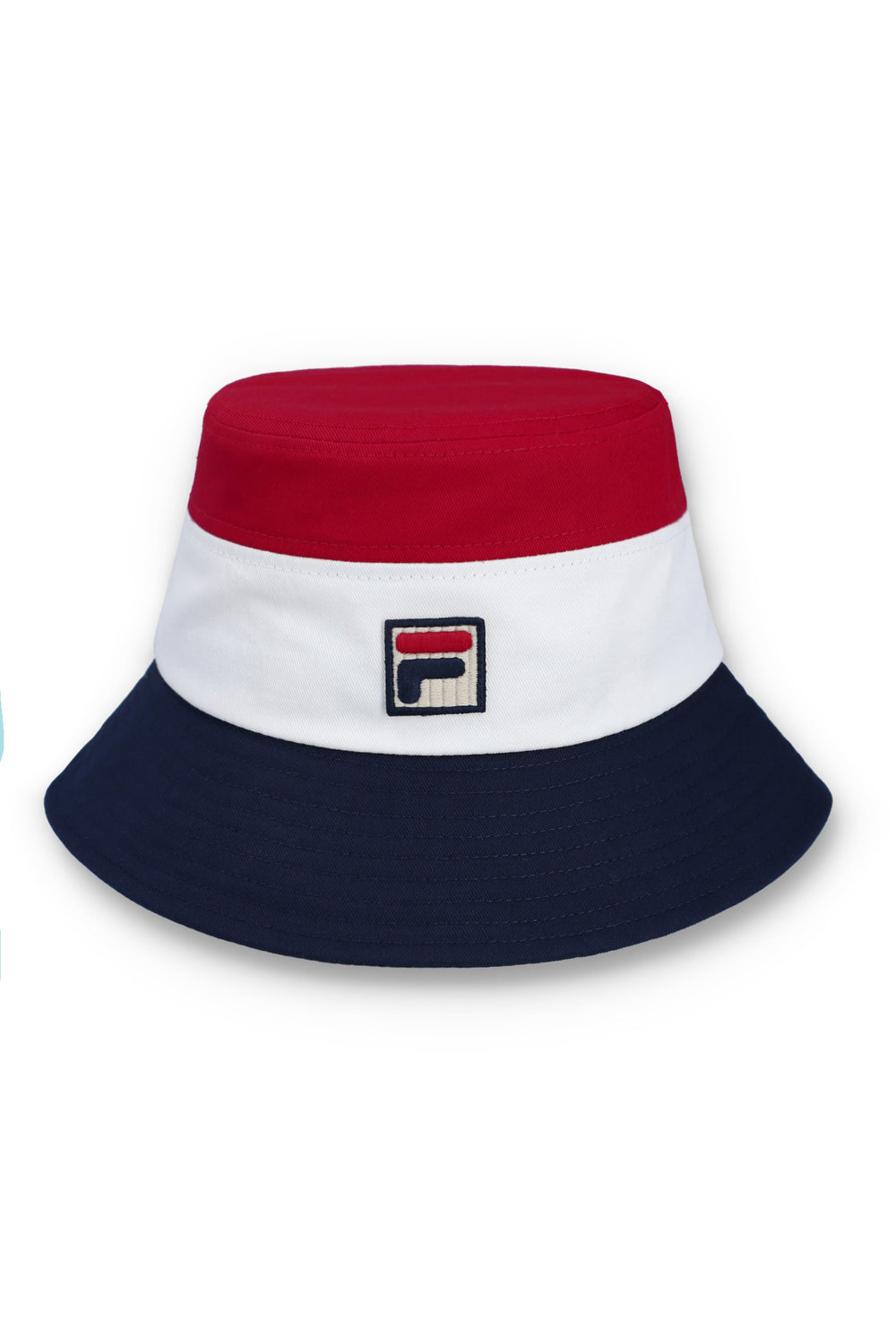 Fila Vintage Marco tri-color bucket hat in red, white, and navy with a wide brim and stylish design.