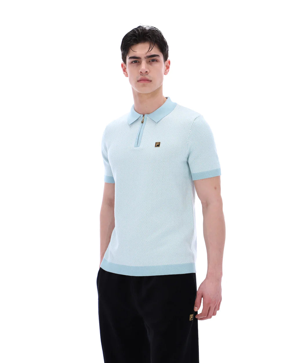 Fila Gold Marty Zip Polo Shirt in Sterling Blue with a zip collar and classic fit, displayed on a plain background.