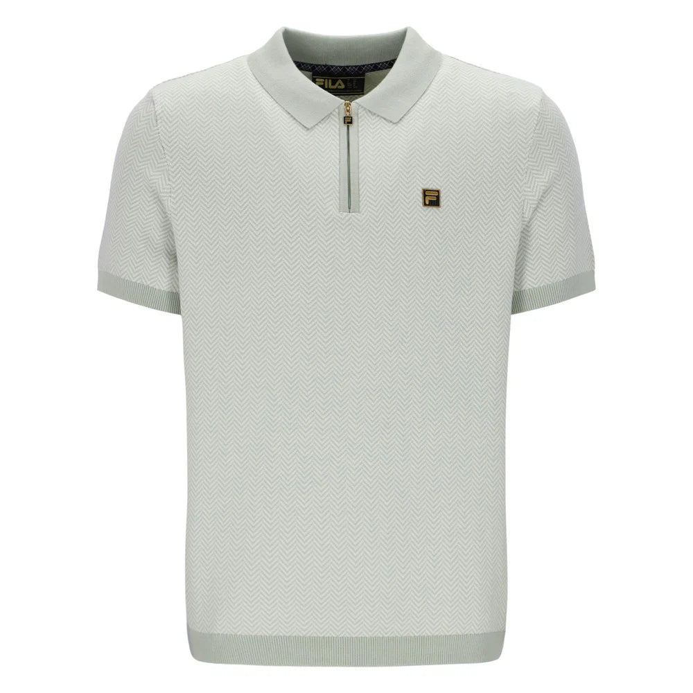 Fila Gold Marty Zip Polo Shirt in sea foam color, showcasing the polo with a zip collar and Fila branding.