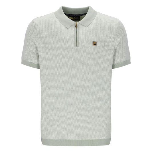 Fila Gold Marty Zip Polo Shirt in sea foam color, showcasing the polo with a zip collar and Fila branding.