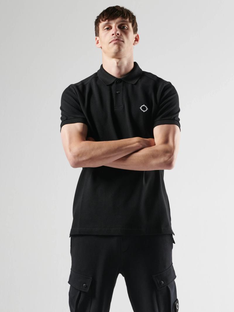 Black MA.Strum pique polo shirt with a classic collar and short sleeves, displayed flat on a white background.
