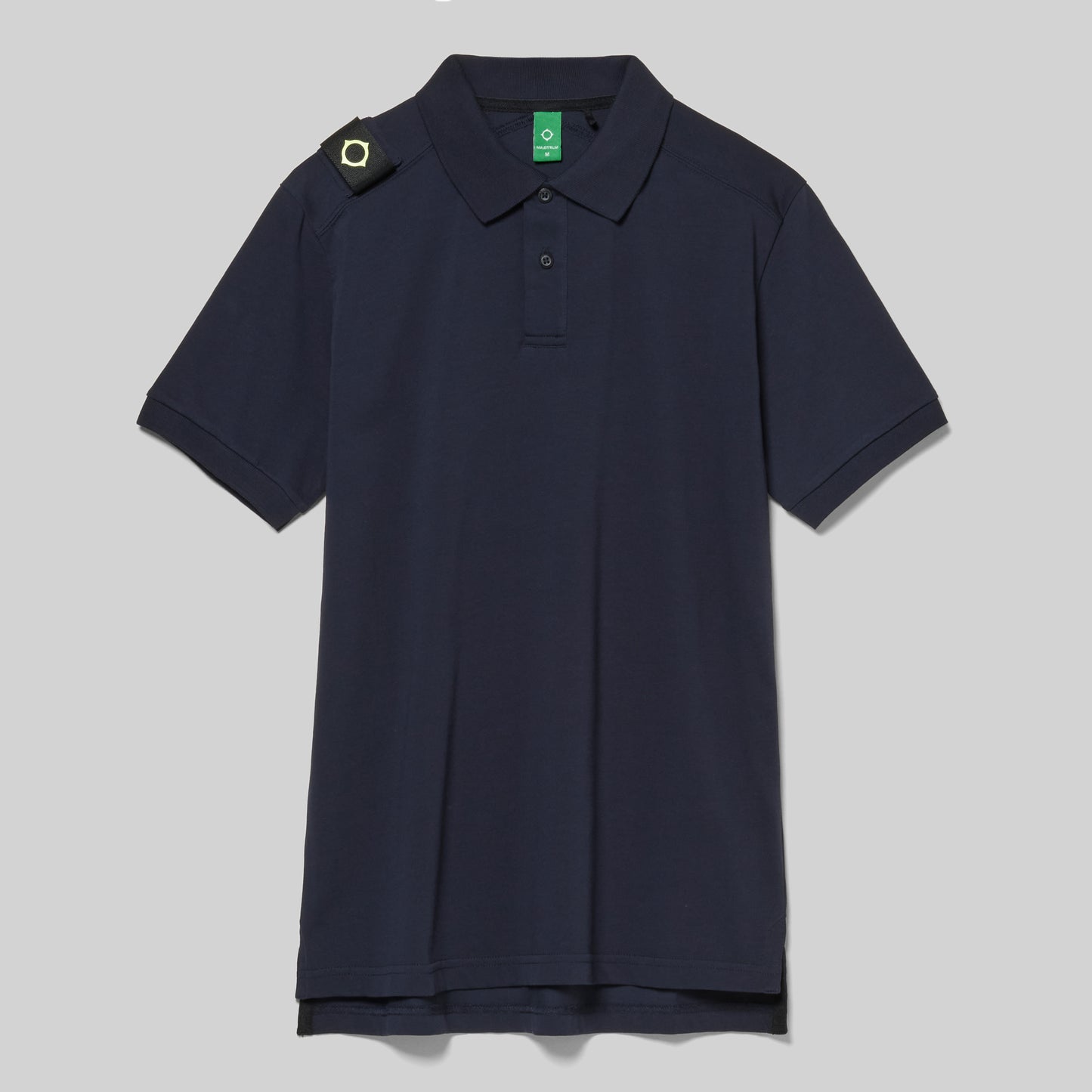 Navy MA.STRUM Volt Polo Shirt made of soft fabric with a classic collar and button placket, displayed on a plain background.