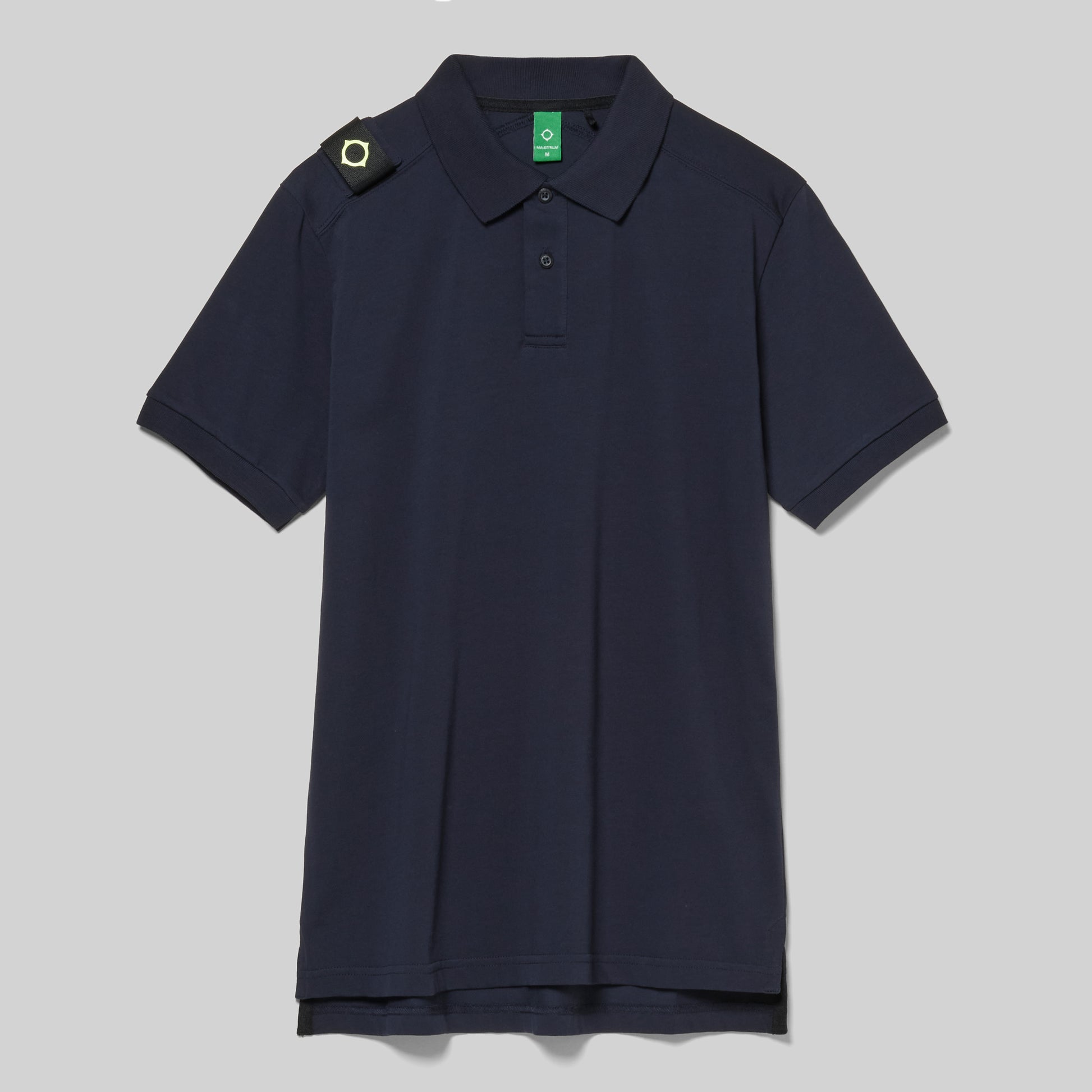 Navy MA.STRUM Volt Polo Shirt made of soft fabric with a classic collar and button placket, displayed on a plain background.