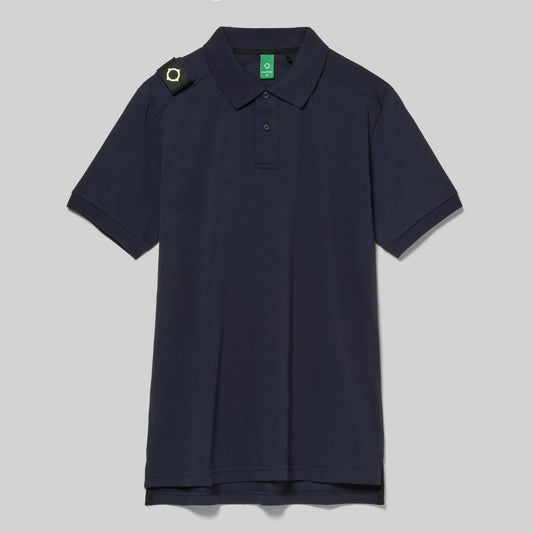 Navy MA.STRUM Volt Polo Shirt made of soft fabric with a classic collar and button placket, displayed on a plain background.
